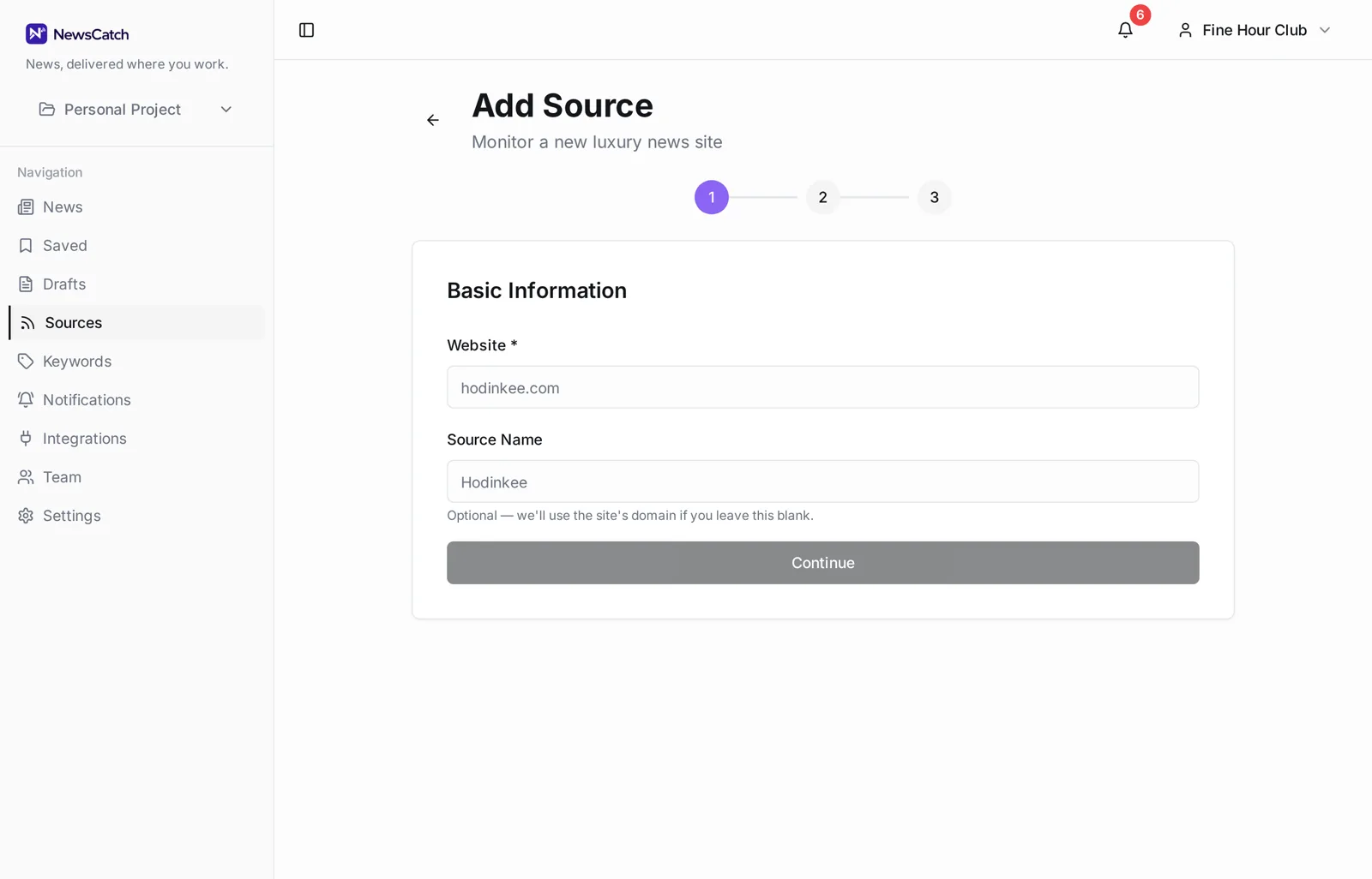 NewsCatch add source screen where an RSS feed URL is entered