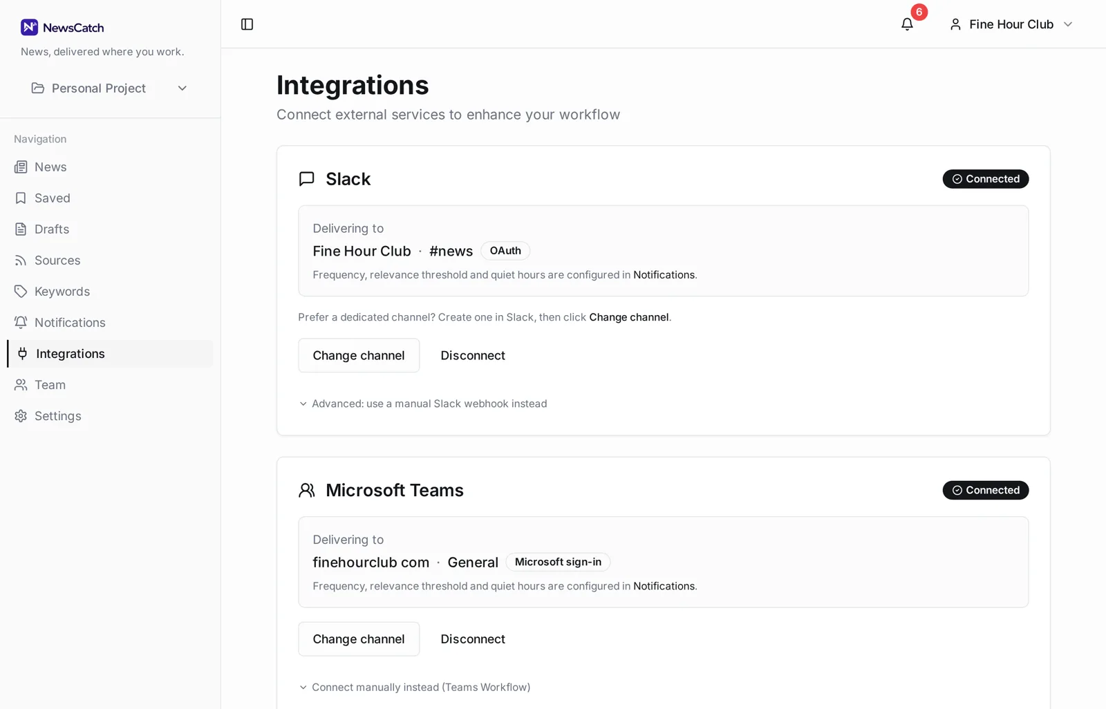 NewsCatch integrations screen showing the Microsoft Teams connection card