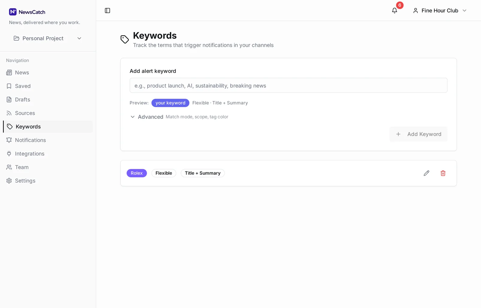 NewsCatch keywords screen showing colour-coded monitored terms