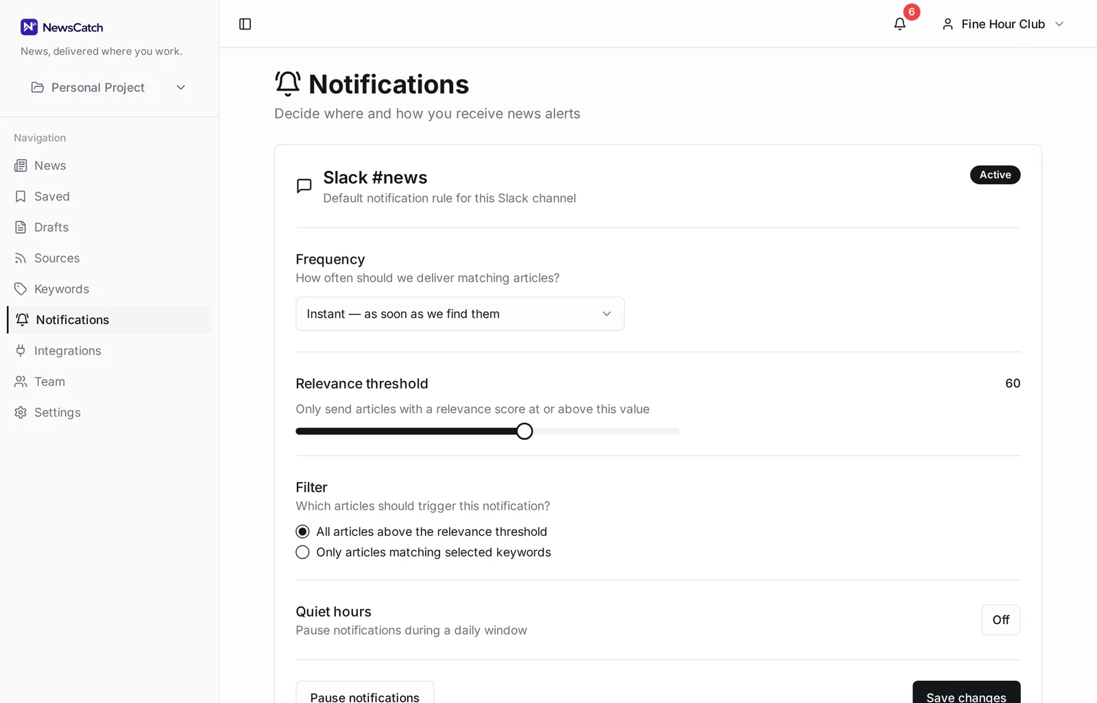 NewsCatch notification rules screen showing keyword filters and channel routing
