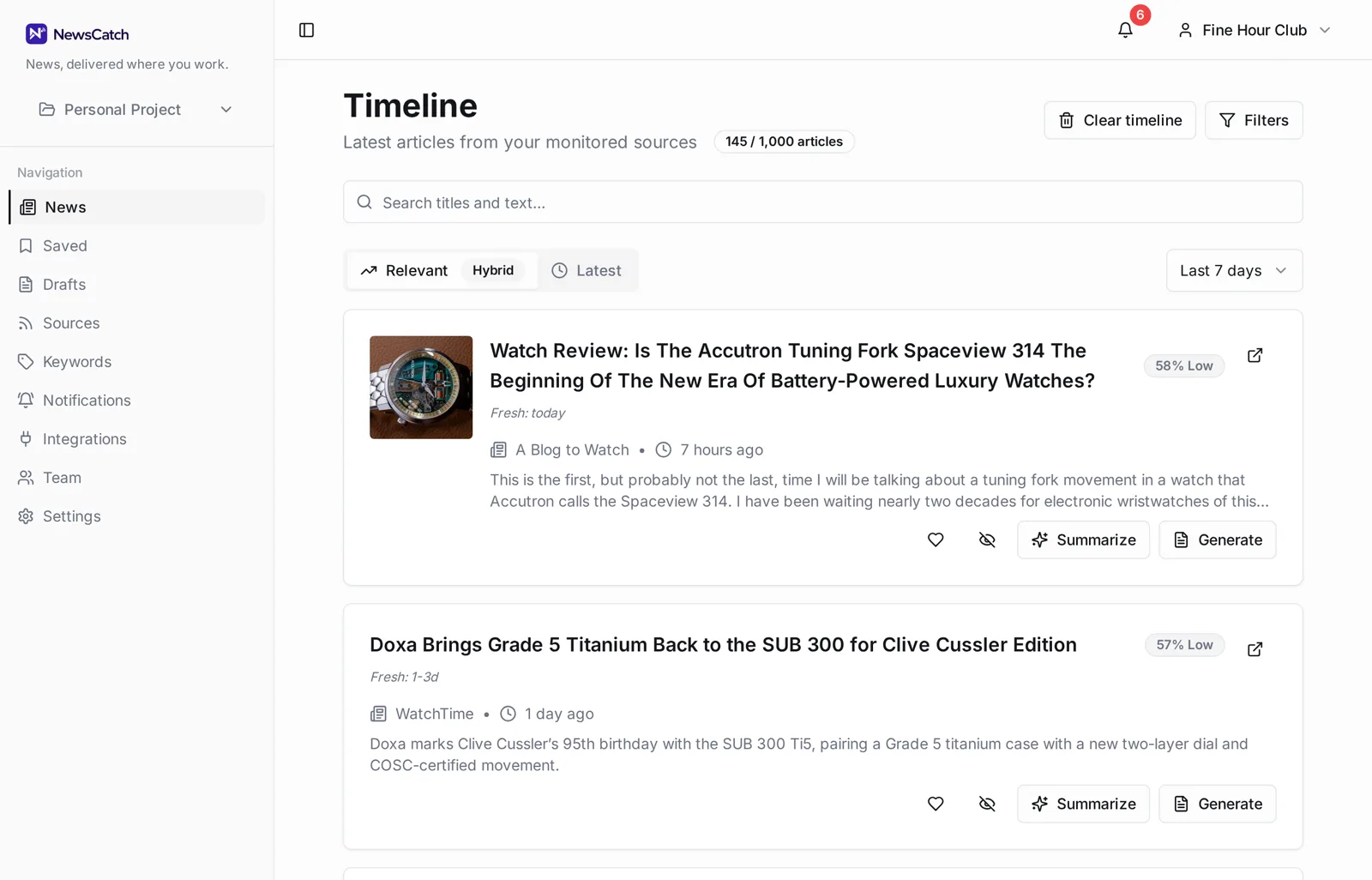 NewsCatch timeline showing monitored articles each with a visible relevance score